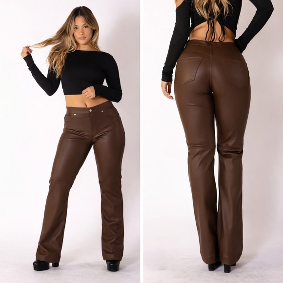 Pants - REVICE High Street Faux Leather Flare Pants Brown Size 29